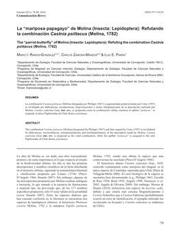 La “Mariposa Papagayo” De Molina (Insecta: Lepidoptera): Refutando La Combinación Castnia Psittacus (Molina, 1782)