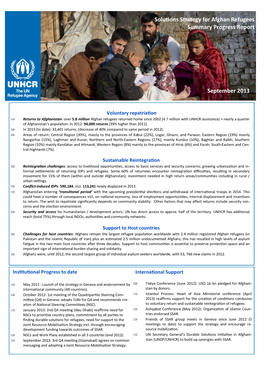 Solu Ons Strategy for Afghan Refugees Summary Progress Report September 2013