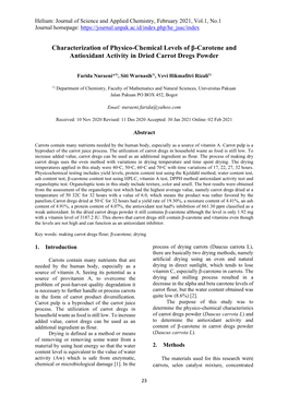 Characterization of Physico-Chemical Levels of Β-Carotene and Antioxidant Activity in Dried Carrot Dregs Powder