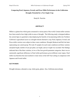 1 Comparing Pearl, Japanese, Foxtail, and Proso Millet Performance in the Californian Drought; Potential for a New Staple Crop R