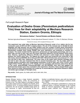 Evaluation of Desho Grass (Pennisetum Pedicellatum Trin) Lines for Their Adaptability at Mechara Research Station, Eastern Oromia, Ethiopia