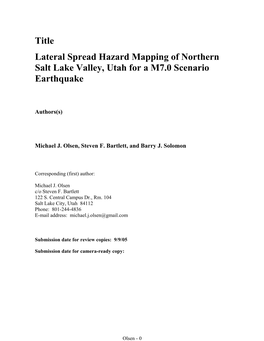 Lateral Spread Hazard Mapping of Northern Salt Lake Valley, Utah for a M7.0 Scenario Earthquake