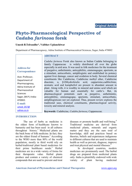 Phyto-Pharmacological Perspective of Cadaba Farinosa Forsk