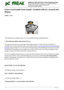 Linux Record Audio from Console / Terminal with Rec, Arecord and Ffmpeg