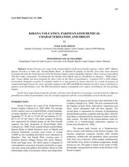 Geology and Geochemistry of Neoproterozoic Kirana Volcanics, Sargodha District, Pakistan