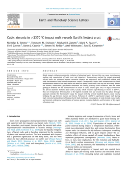 Cubic Zirconia in >2370 °C Impact Melt Records Earth's Hottest Crust