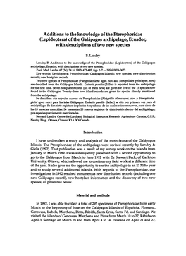 Additions to the Knowledge of the Pterophoridae (Lepidoptera) of the Galapagos Archipelago, Ecuador, with Descriptions of Two New Species