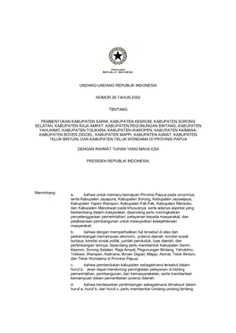 Undang-Undang Republik Indonesia Nomor 26 Tahun 2002 Tentang