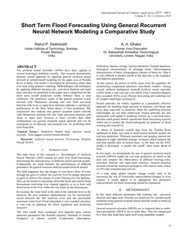 Short Term Flood Forecasting Using General Recurrent Neural Network Modeling a Comparative Study