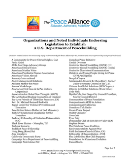 Organizations and Noted Individuals Endorsing Legislation to Establish a U.S