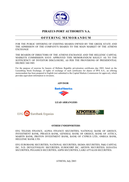 Piraeus Port Authority S.A. Offering Memorandum