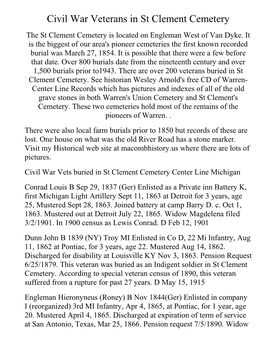 Civil War Veterans in St Clement Cemetery the St Clement Cemetery Is Located on Engleman West of Van Dyke