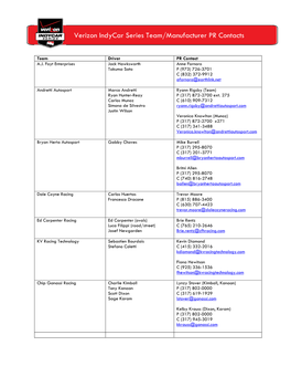 Verizon Indycar Series Team/Manufacturer PR Contacts