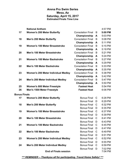 Arena Pro Swim Series Mesa, Az Saturday, April 15, 2017 Estimated Finals Time Line