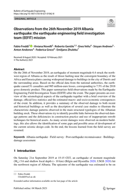 Observations from the 26Th November 2019 Albania Earthquake: the Earthquake Engineering Feld Investigation Team (EEFIT) Mission