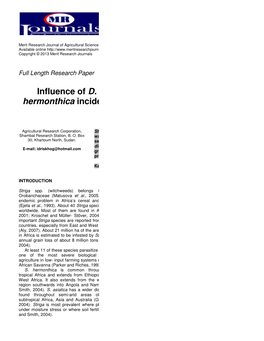 Influence of D. Dichotomu Hermonthica Inciden D. Dichotomum Planting