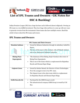 List of IPL Teams and Owners - GK Notes for SSC & Banking!