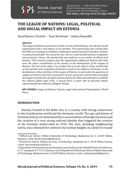 The League of Nations: Legal, Political and Social Impact on Estonia