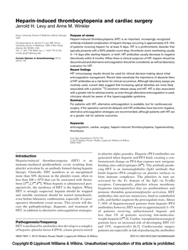 Heparin-Induced Thrombocytopenia and Cardiac Surgery Jerrold H