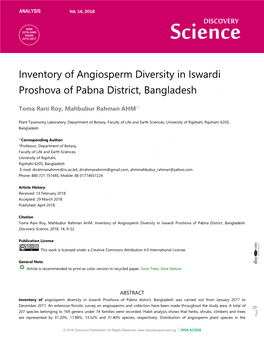Inventory of Angiosperm Diversity in Iswardi Proshova of Pabna District, Bangladesh