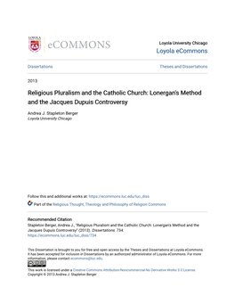 Religious Pluralism and the Catholic Church: Lonergan's Method and the Jacques Dupuis Controversy