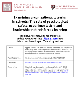 Examining Organizational Learning in Schools: the Role of Psychological Safety, Experimentation, and Leadership That Reinforces Learning