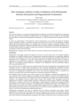 Role Ambiguity and Role Conflict As Mediators of the Relationship Between Socialization and Organizational Commitment