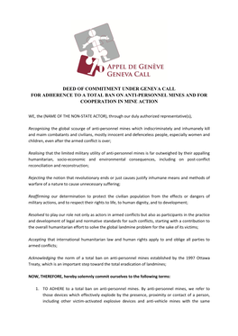 Deed of Commitment Under Geneva Call for Adherence to a Total Ban on Anti-Personnel Mines and for Cooperation in Mine Action