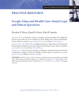 Google Glass and Health Care: Initial Legal and Ethical Questions
