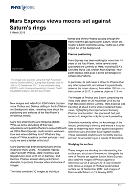 Mars Express Views Moons Set Against Saturn's Rings 1 March 2018