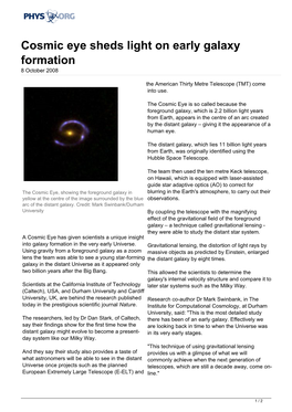 Cosmic Eye Sheds Light on Early Galaxy Formation 8 October 2008