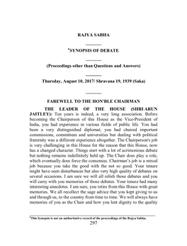 SYNOPSIS of DEBATE ______(Proceedings Other Than Questions and Answers) ______Thursday, August 10, 2017/ Shravana 19, 1939 (Saka)