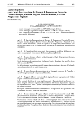 Decreto Legislativo Concernente L'aggregazione Dei Comuni Di