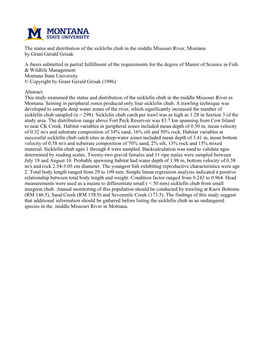 The Status and Distribution of the Sicklefin Chub in the Middle Missouri River, Montana by Grant Gerald Grisak a Thesis Submitte