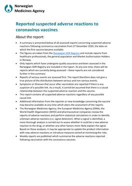 Reported Suspected Adverse Reactions to Coronavirus Vaccines