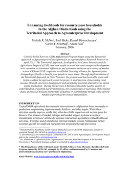 Enhancing Livelihoods for Resource Poor Households in the Afghan Hindu Kush Using the Territorial Approach to Agroenterprise Development