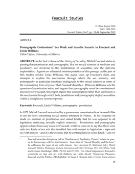 Pornographic Confessions? Sex Work and Scientia Sexualis in Foucault and Linda Williams Chloë Taylor, University of Alberta