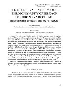 INFLUENCE of VAHDAT UL-WOOJUDE PHILOSOPHY (UNITY of BEING) on NAKSHBANDIYA DOCTRINES Transformation Processes and Special Featu