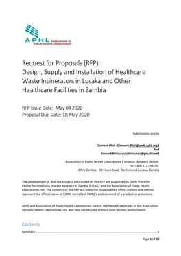 RFP): Design, Supply and Installation of Healthcare Waste Incinerators in Lusaka and Other Healthcare Facilities in Zambia