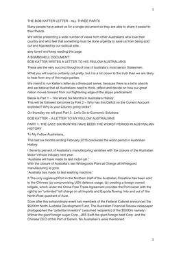 THE BOB KATTER LETTER - ALL THREE PARTS Many People Have Asked Us for a Single Document So They Are Able to Share It Easier to Their Friends