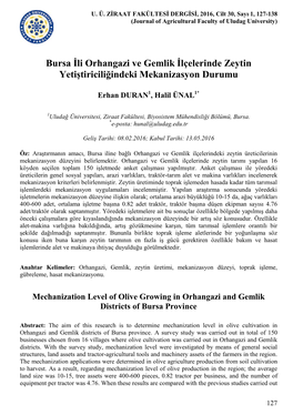 Bursa İli Orhangazi Ve Gemlik İlçelerinde Zeytin Yetiştiriciliğindeki Mekanizasyon Durumu
