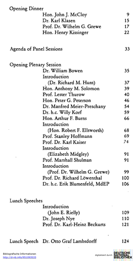 Opening Dinner Hon. John J. Mccloy 9 Dr. Karl Klasen 15 Prof. Dr