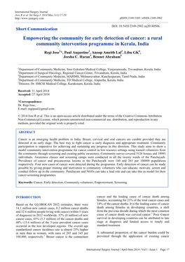 Empowering the Community for Early Detection of Cancer: a Rural Community Intervention Programme in Kerala, India