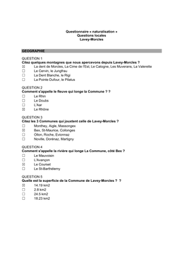 Questionnaire « Naturalisation » Questions Locales Lavey-Morcles