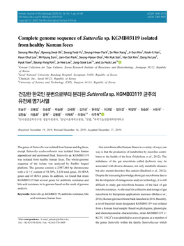 Complete Genome Sequence of Sutterella Sp. KGMB03119 Isolated from Healthy Korean Feces