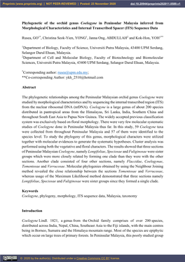 Phylogenetic of the Orchid Genus Coelogyne in Peninsular Malaysia Inferred from Morphological Characteristics and Internal Transcribed Spacer (ITS) Sequence Data