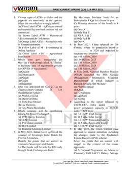 DAILY CURRENT AFFAIRS QUIZ : 14 MAY 2021 1. Various Types of Atms