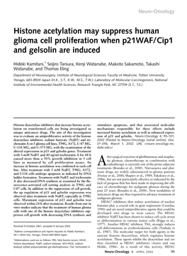 Histone Acetylation May Suppress Human Glioma Cell Proliferation When P21waf/Cip1 and Gelsolin Are Induced
