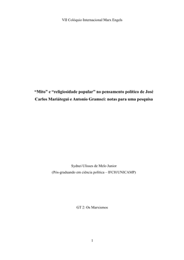 E “Religiosidade Popular” No Pensamento Político De José Carlos Mariátegui E Antonio Gramsci: Notas Para Uma Pesquisa