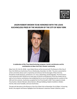 Jason Robert Brown to Be Honored with the Louis Auchincloss Prize by the Museum of the City of New York